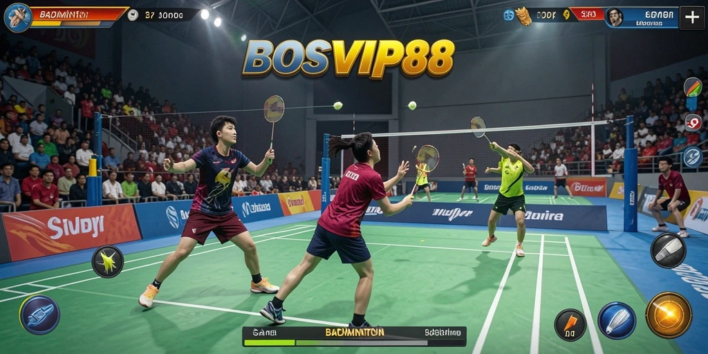 Tampilan antarmuka BOSVIP88 menampilkan keseruan permainan badminton.