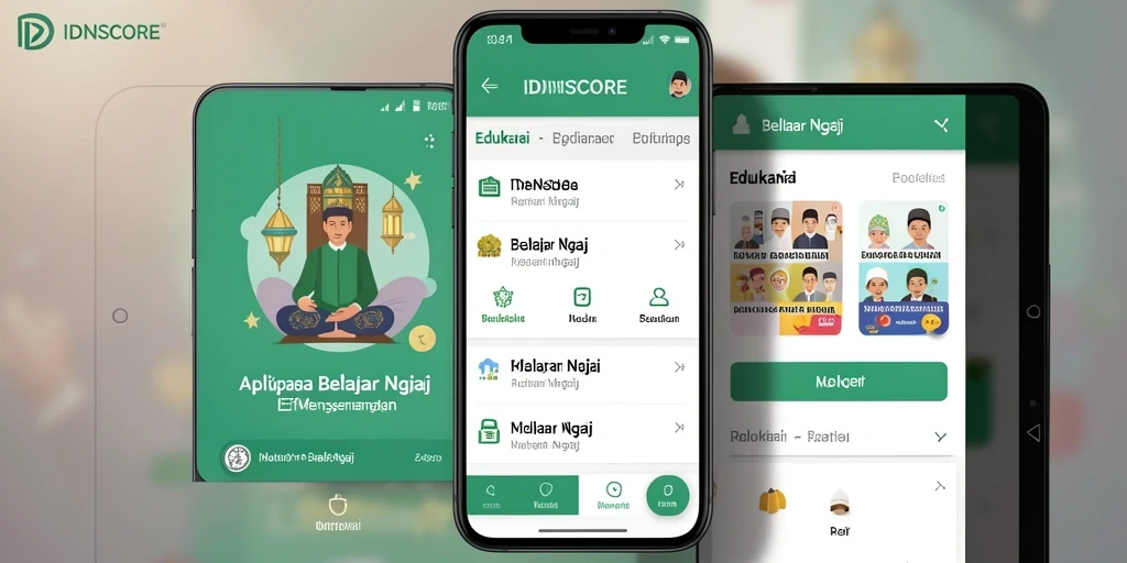 Screenshot utama IDNSCORE menampilkan antarmuka belajar ngaji yang menarik dan interaktif.